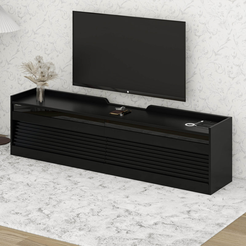 Console de télévision moderne à 4 tiroirs avec façades en verre trempé, éclairage DEL ambiant, Noir
