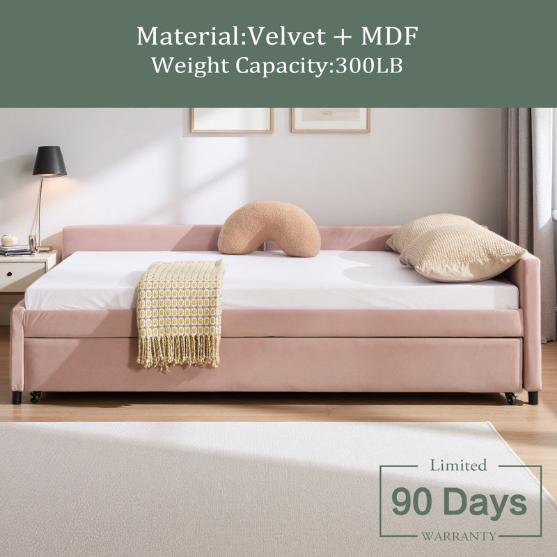 Lit de jour rembourré avec lit gigogne, structure de lit en bois robuste, conception de grille de diamant moderne, pour chambre à coucher, chambre d'amis