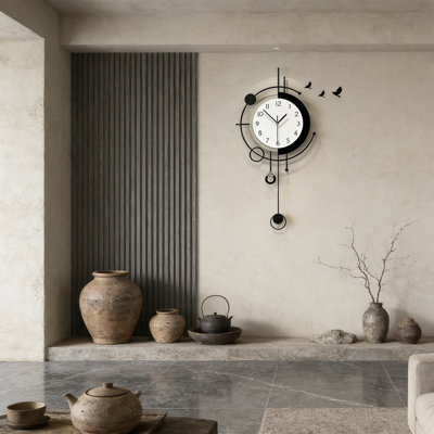 Large Modern Wall Clock With Silent Quartz Movement And Decorative Pendulum, Geometric Metal Design For Living Room, Kitchen, Office, And Bedroom Decor