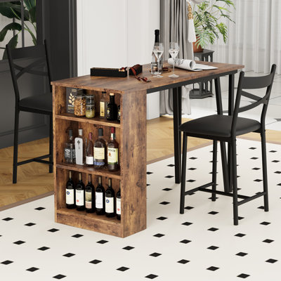 3-Piece Dining Table Set,  Counter Height Kitchen Table Set for 2 with 3 Storage Shelves, Expandable Bar Table with 2 Cushioned Chairs for Small Spaces, Apartment, Retro