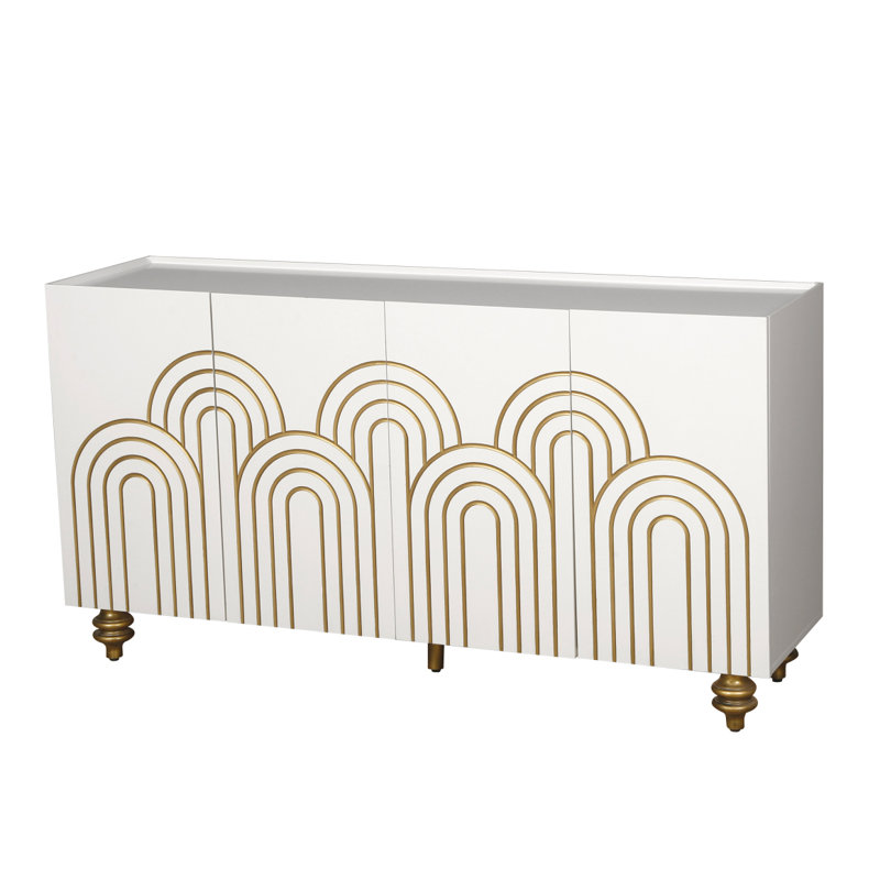 Modern Fluted Sideboard Buffet With Storage, Curve Element With Strict Lines, 4 Doors Storage Cabinet With Adjustable Shelves For Kitchen, Dining Room, Living Room