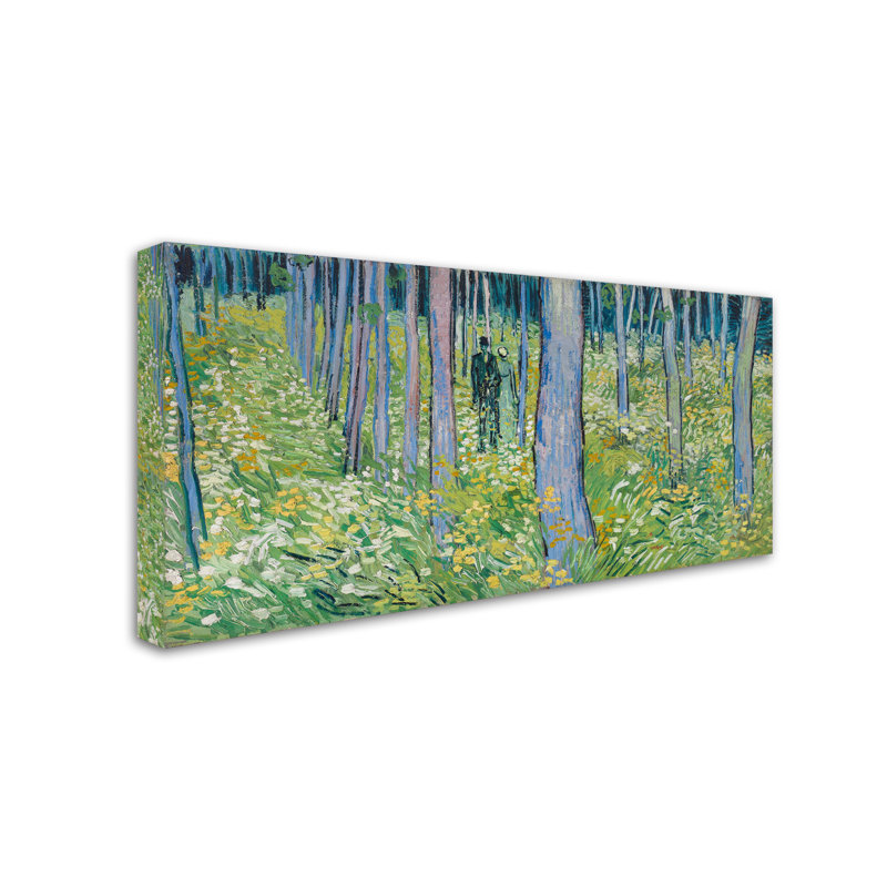 Sous-bois avec deux personnages par Vincent Van Gogh - reproduction d'art sur toile tendue, H 10 po x l 19 po