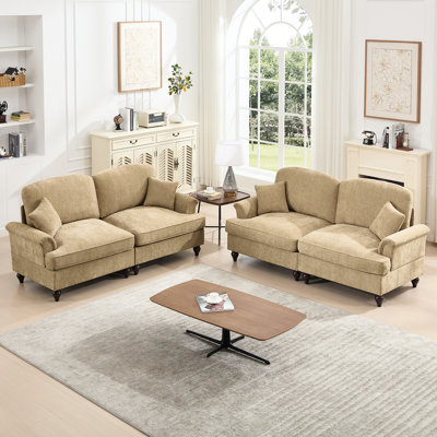 Canapé modulaire classique avec tissu chenille doux, forme de pétale et soutien complet du corps en café café confortable, avec chenille en fil d'argent, accoudoirs évasés, jupes amovibles
