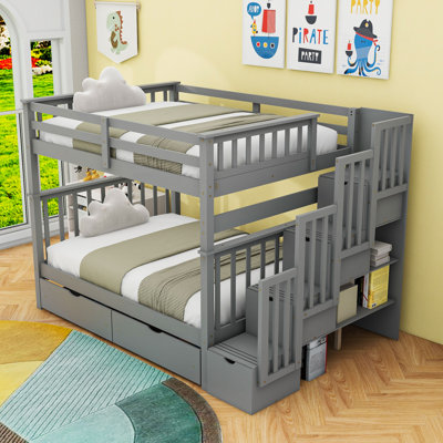 Full Over Full Bunk Bed With Dual Storage Stairs And Built-In Drawers