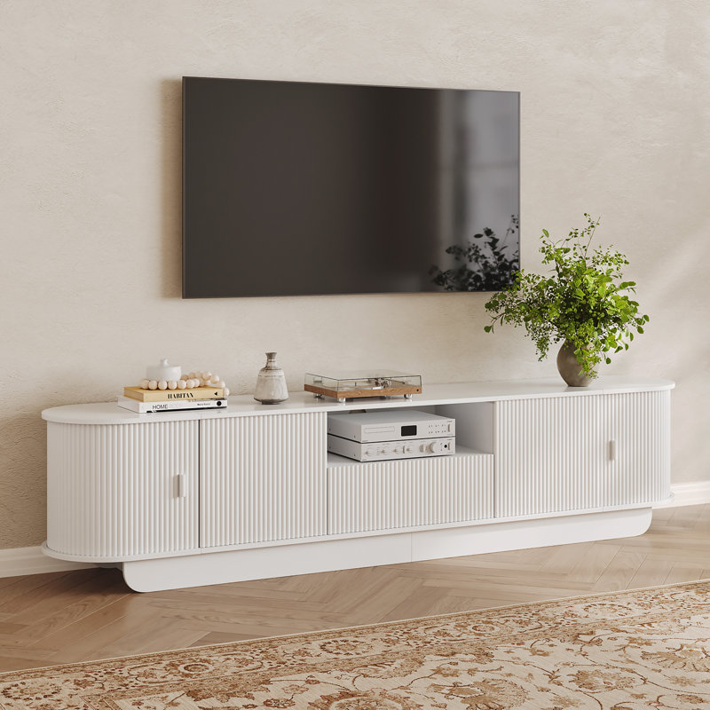 Meuble télé incurvé 86,6 po pour téléviseur de 85 po, meuble audio-vidéo avec rangement, console multimédia cannelée avec portes coulissantes, consoles de télévision de style Mid-Century pour le salon et la chambre à coucher 