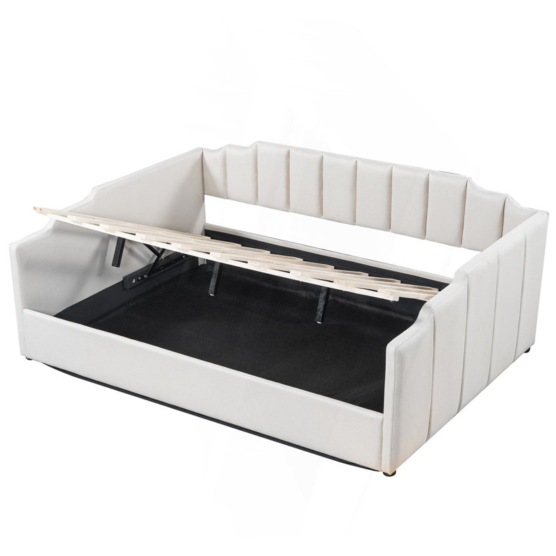 Lit de jour rembourré avec rangement inférieur, Beige, Complet/Double