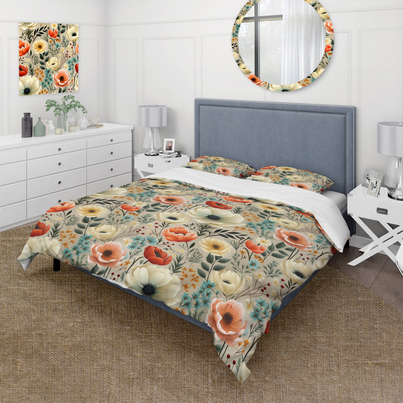 Ensemble de housse de couette Playful Floral Ivory and Blue Delight III, Housse de couette simple + 1 taie décorative stan