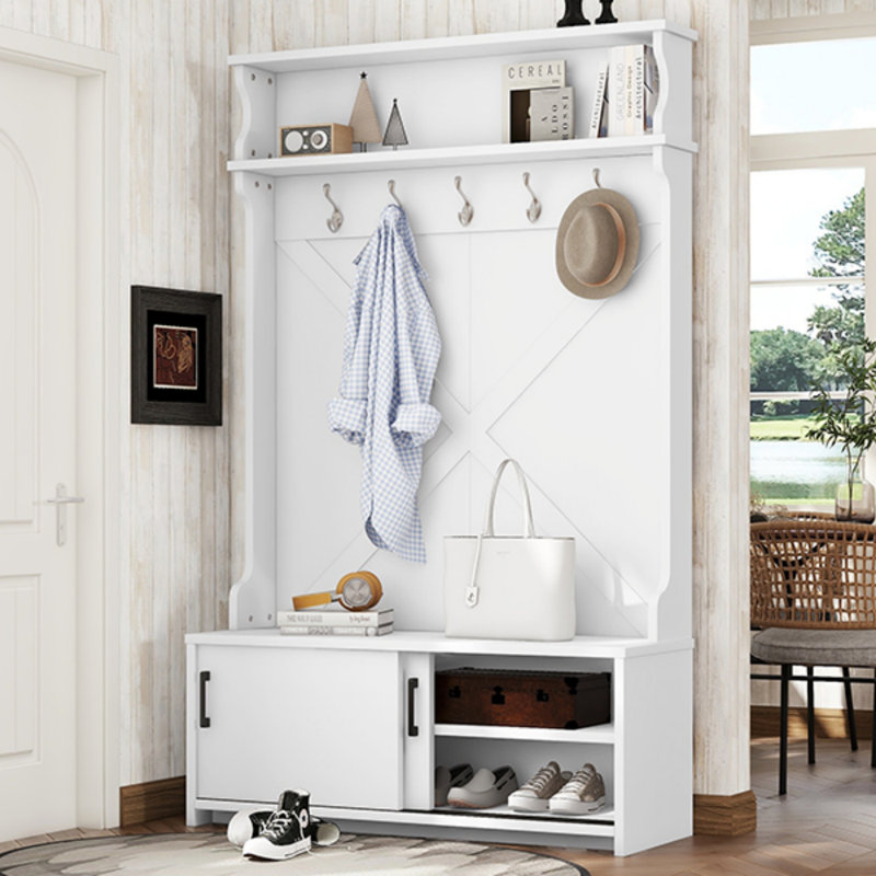 Arbre d'entrée avec tablette supérieure et banc de rangement, armoire à chaussures de couloir avec portes coulissantes, portemanteau avec 5 crochets de suspension