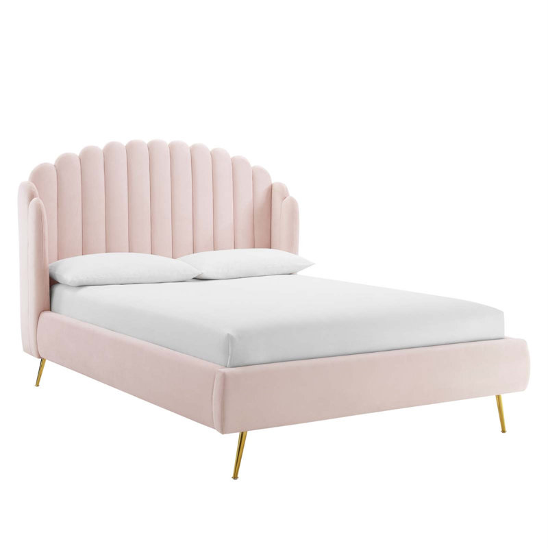 Elegant 70'' Pink Velvet Queen Wingback Platform Bed with Gold Legs