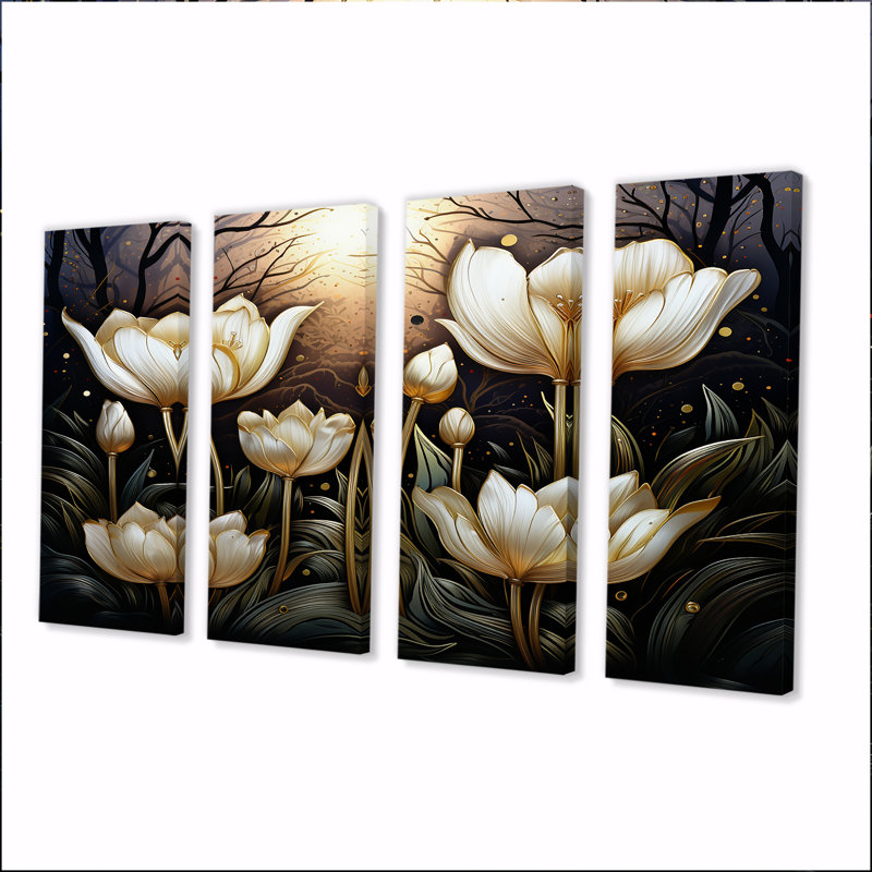 4 tulipes blanches élégantes dans la nuit, H 32 po x l 64 po