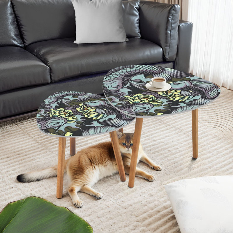 Triangle Nesting Coffee Table Set of 2 Japanese style seamless color carps peonies waves Ideal for End Table Modern Minimalist Side Table Set for Living Room Bedroom
