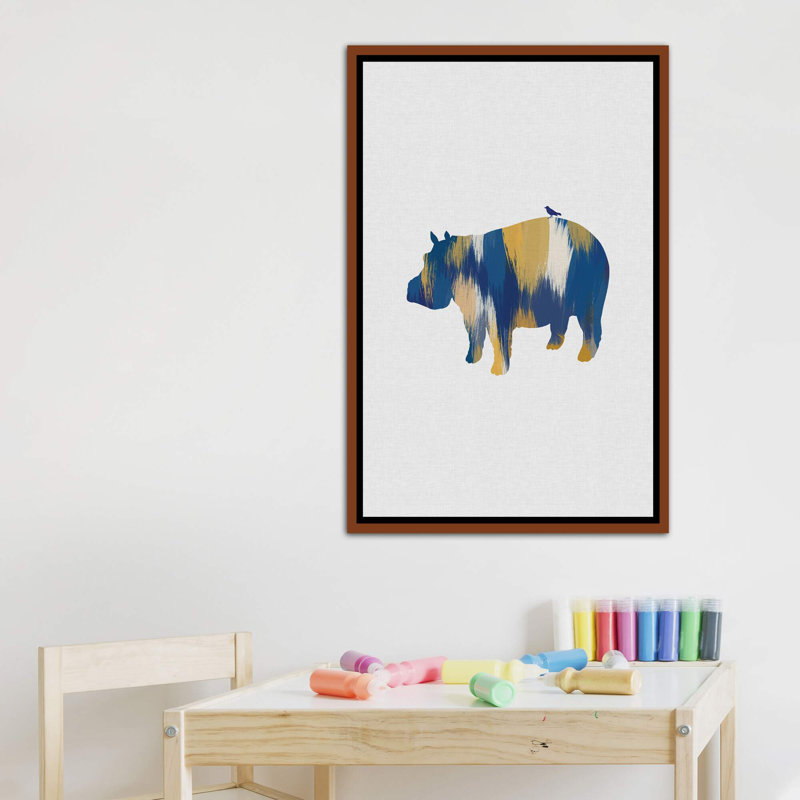Hippopotame bleu et jaune - impression d'art graphique, H 40 po x l 26 po x P 1,5 po, Toile avec cadre en bois classique