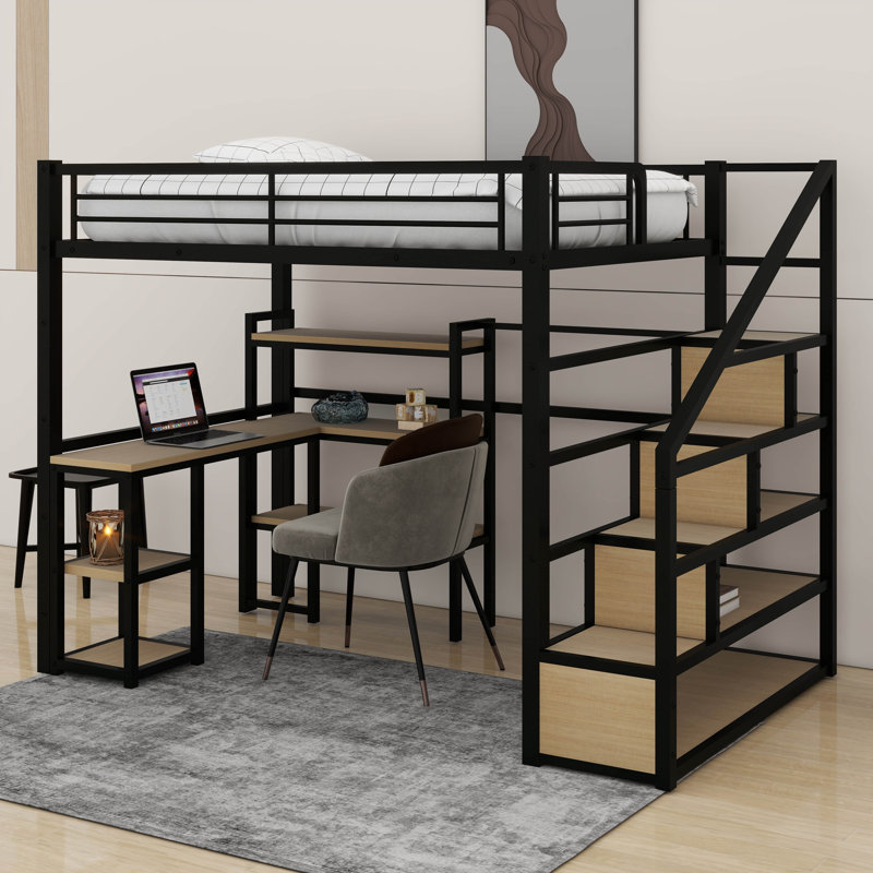 Lit mezzanine double en métal avec escalier, bureau et tablettes
