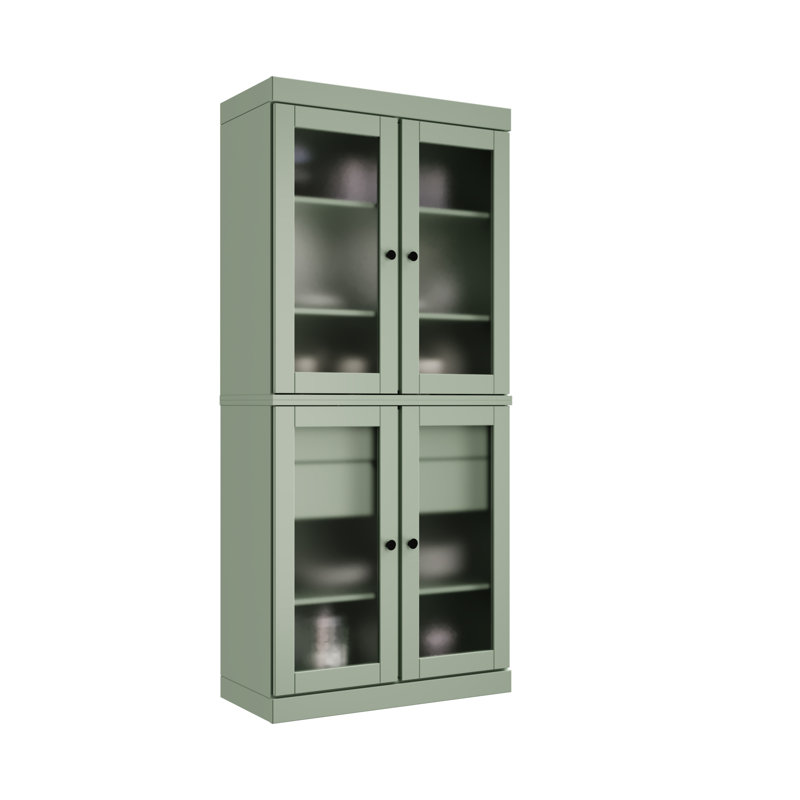 Garde-manger 100% bois massif 32 po avec portes en verre givré et 2 tiroirs, Sauge