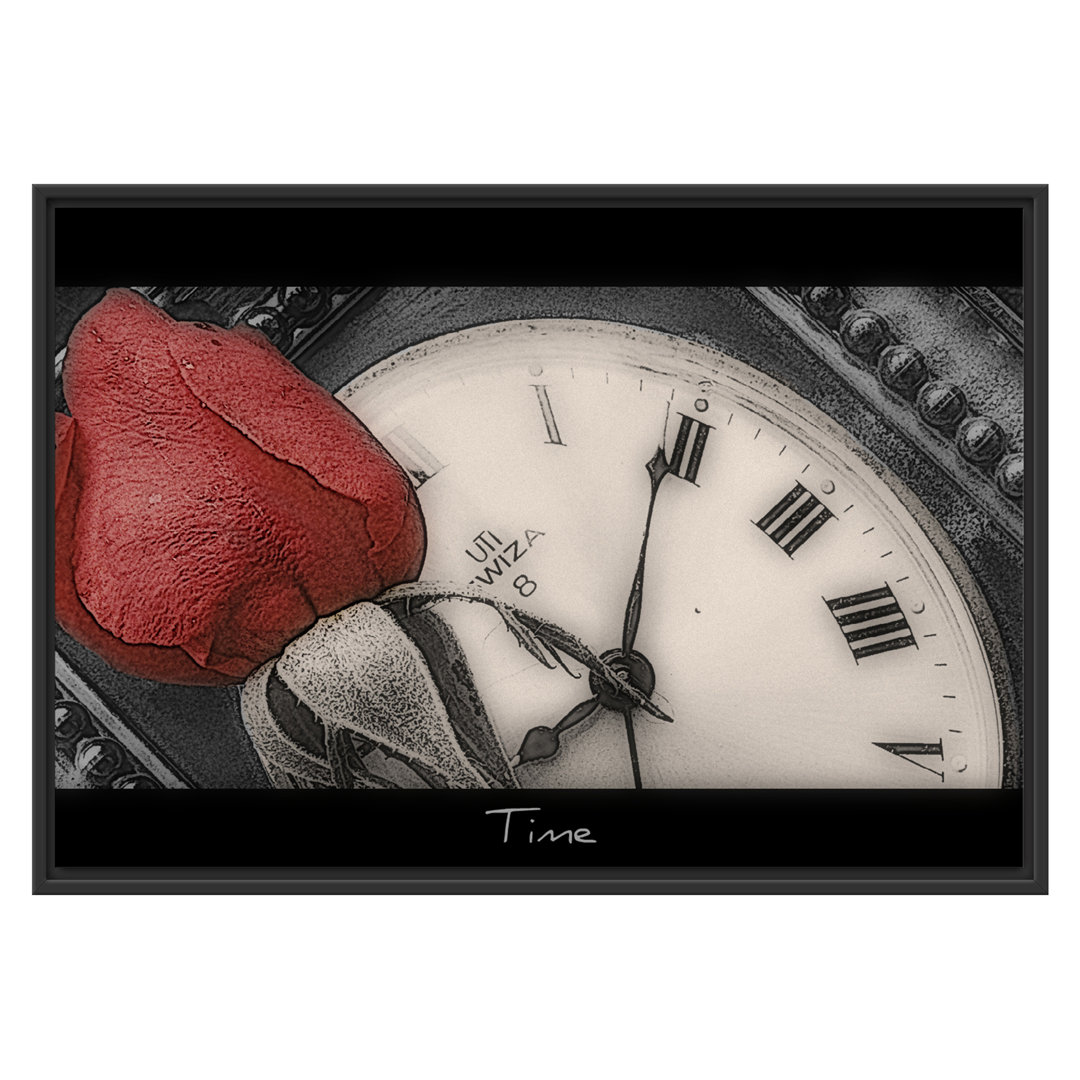 Gerahmtes Wandbild Rose auf Uhr