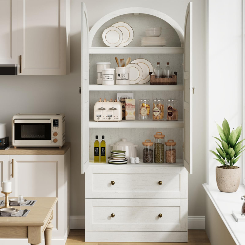 Armoire garde-manger arquée de 71 po de hauteur, tablette arquée en bois avec portes et tiroirs, Blanc