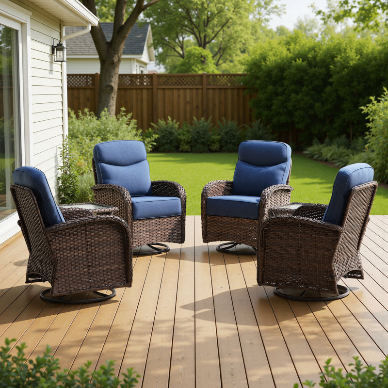Alakai 6-Piece Outdoor Wicker Family Patio Swivel Chair Conversation Set With Side Tables, Blue