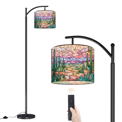Arc Floor Lamp with Adjustable Lampshade Pastel pink Sky Western Tranquility Cactus Standing Lamp 3 Color Temperatures Dimmable Tall Pole Lamp with Foot Switch for Bedroom