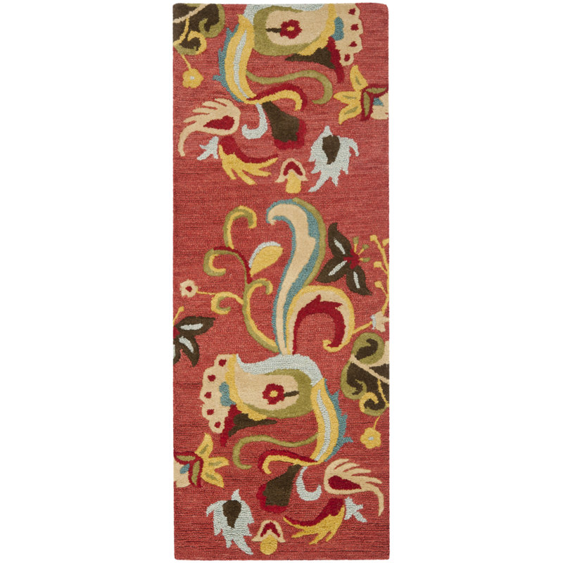 Ferrera Jahiem Floral Handmade Tufted Wool Red Area Rug, Runner 2'6" x 10'