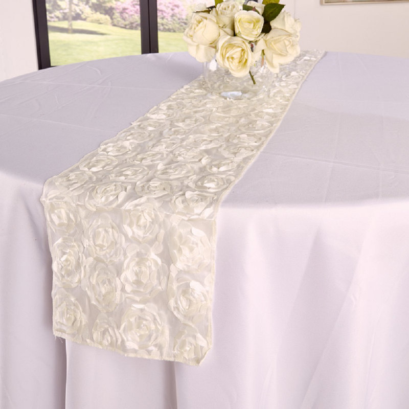 Rosette Table Runner - 3D Textured Fabric with Cloth Flowers - Wedding, Centerpiece & Party Decor - 12x108 Inch, Ivory