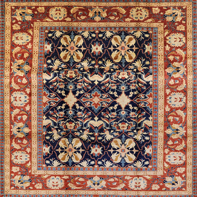 Tapis oriental rouge / bleu marine / beige Ellaria, Carré 8 pi