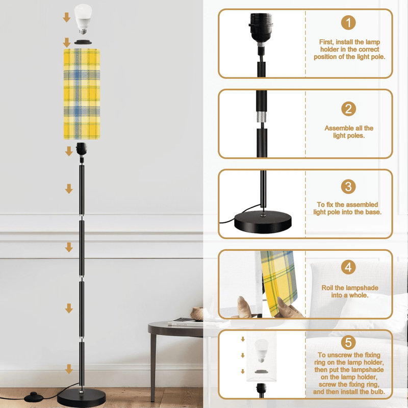 Lampe sur pied jaune à carreaux bleus subtils avec accents gris à damier, lampe sur pied à intensité variable avec télécommande, pédale, abat-jour, abat-jour, lampe de coin pour le salon, la chambre et le bureau