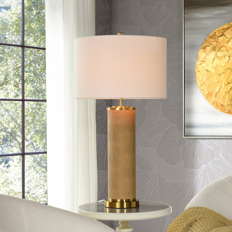 Tan Shagreen Pattern Table Lamp with Brass Accents and Off-White Shade