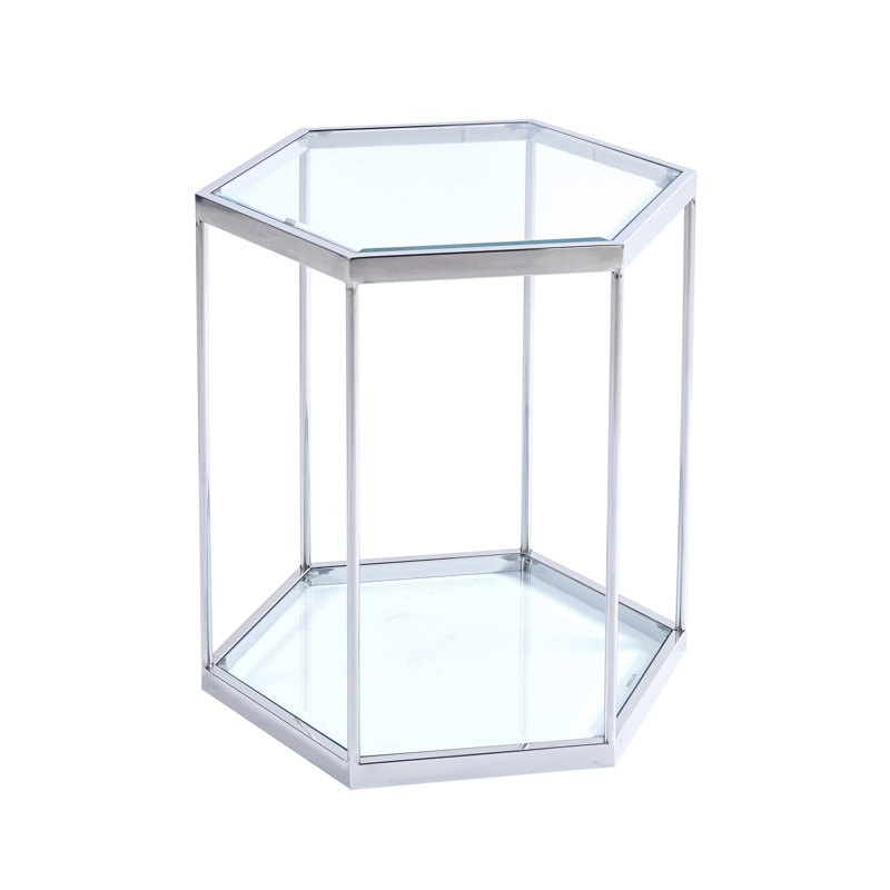 Table de bout en verre à 2 niveaux avec acier inoxydable argenté et capacité de rangement supplémentaire, fonctionnalité, espace, durabilité - plus d'articles de mobilier, facile à nettoyer rapidement, installation facile