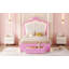 Structure de lit simple tapissier avec lumières DEL, lit princesse rembourré moderne avec tête de lit couronne, tiroir, rose et blanc