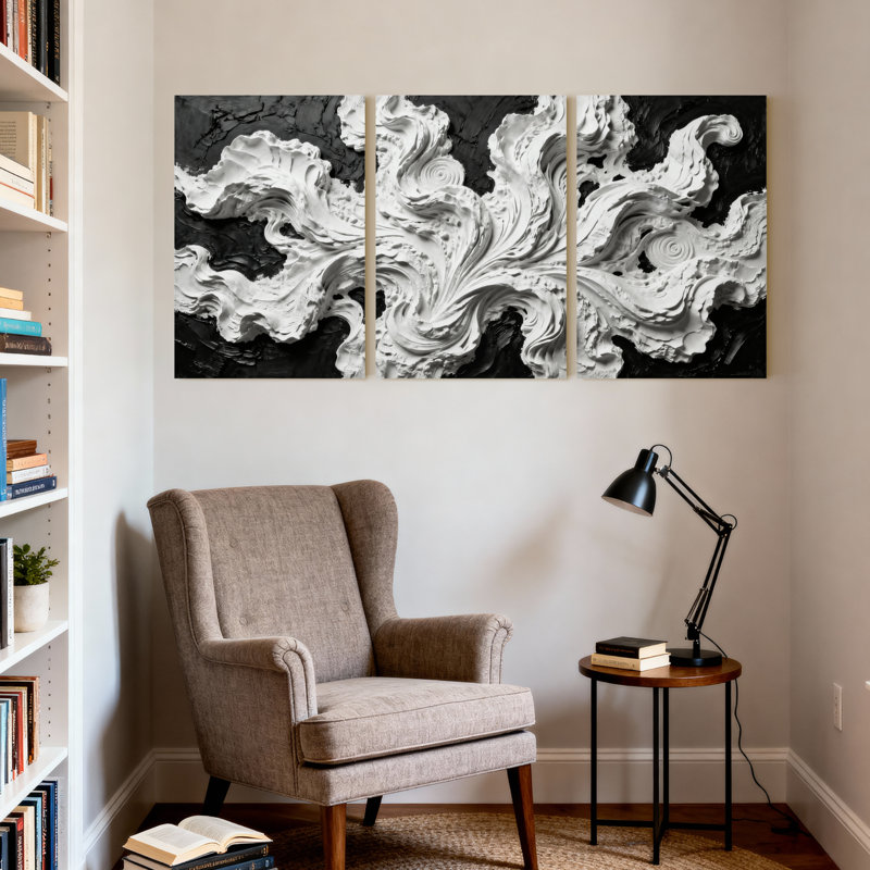 Abstrait abstrait sculpture blanche sur fond noir, ensemble de 3 impressions sur toile