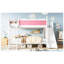 Lit superposé double au-dessus de double avec tablettes de rangement, lit superposé en bois massif avec glissière et échelles, conception à profil bas, rose et blanc