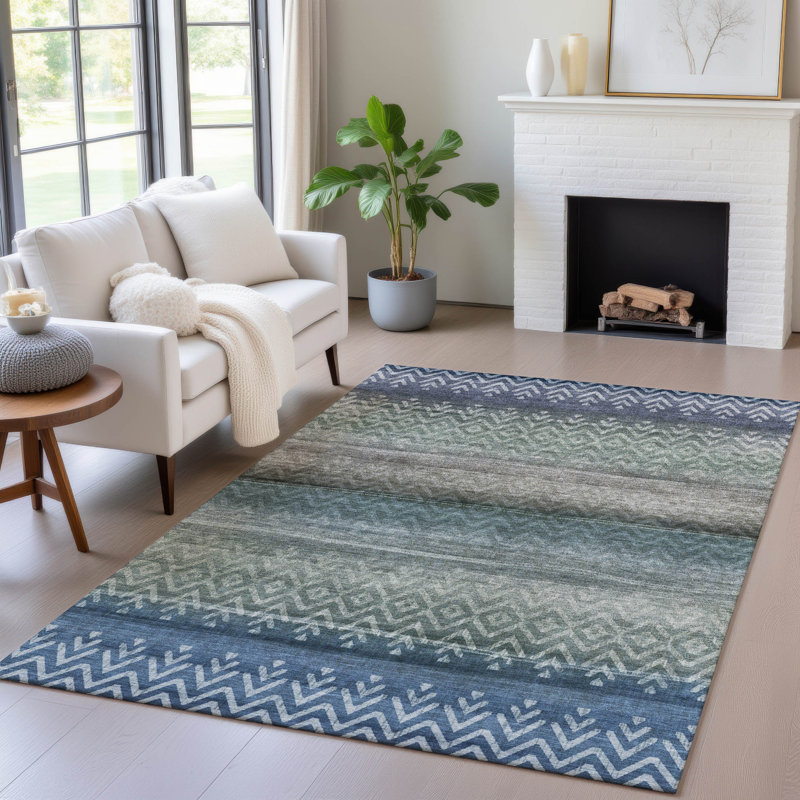 Tapis bleu intérieur / extérieur lavable à la machine Xhevrie, Rectangle 9 pi x 12 pi