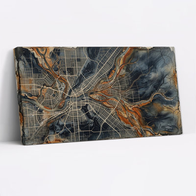 Tableau mural sur toile représentant une carte de ville aux bords brûlés, rouille et bleu