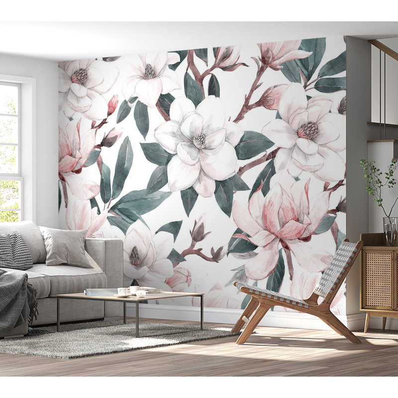 Papier peint floral - Magnolias aquarelle, L 82 po x l 118 po