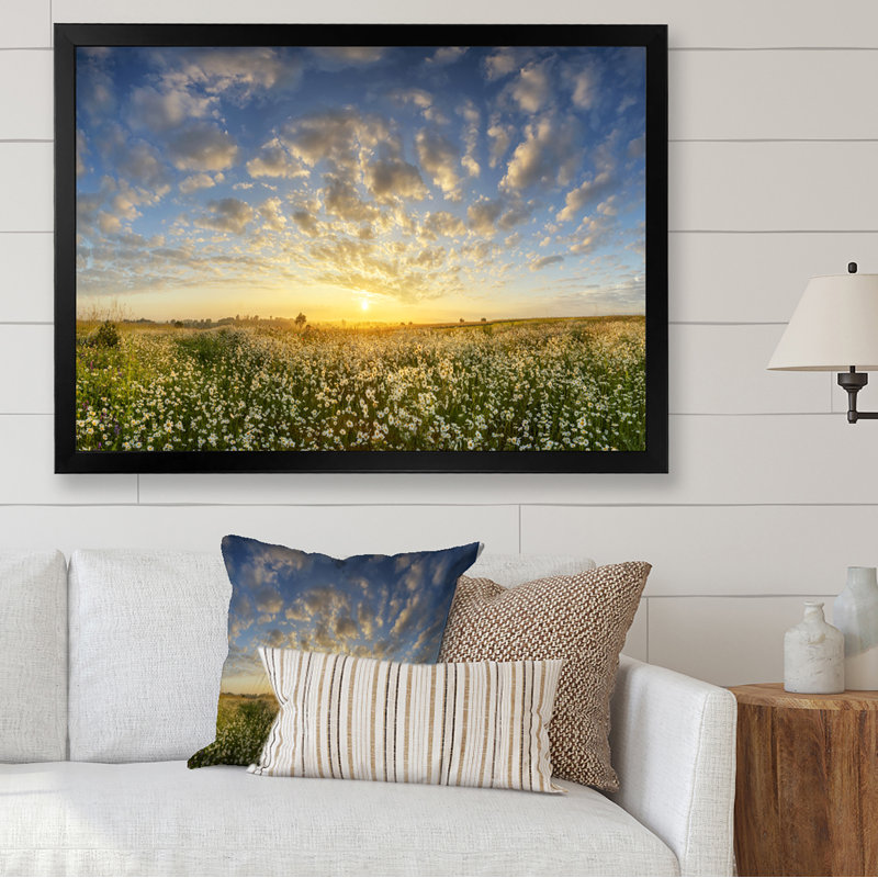 «Summer Sunrise Daisy Flowers», œuvre d'art traditionnelle sur toile, Cadre photo noir, H 20 po x l 12 po x P 1 po