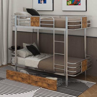 Lit superposé simple TG au-dessus de simple TG avec garde-corps et tiroirs en panneau de fibres à densité moyenne