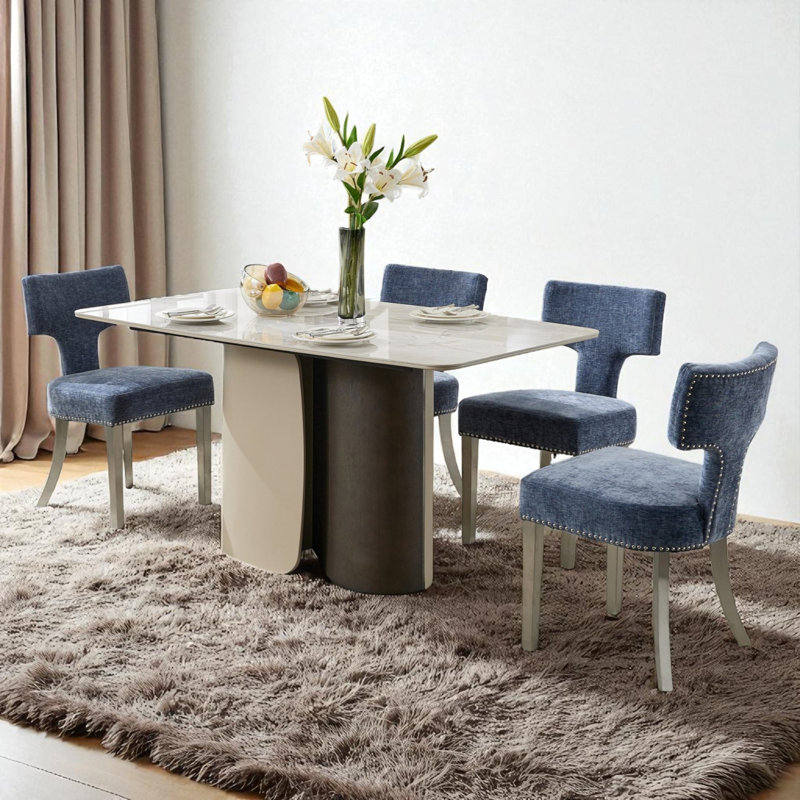 Mid Century Upholstered Dining Chairs Side Chairs Farmhouse Chenille Dining Chair With Metal Legs, Blue