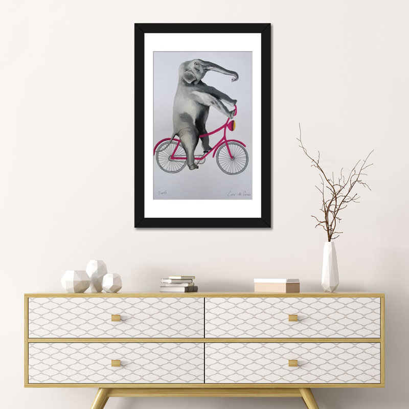 « éléphant on bicycle »-impression sur toile tendue Coco de Paris, H 24 po x l 16 po x P 1 po, Papier d'art encadré noir