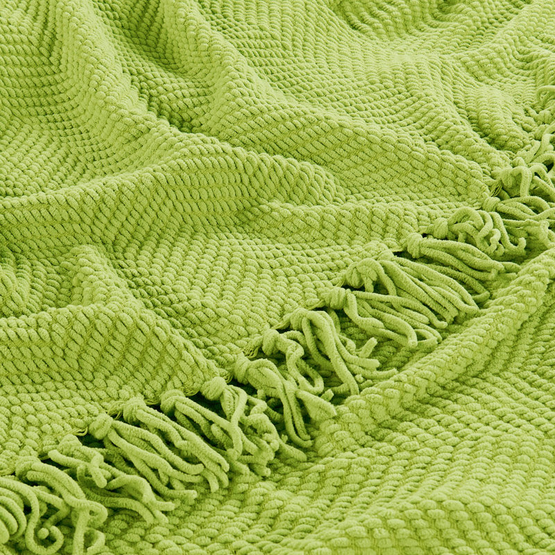 Dark Citron Knitted Reversible Throw Blanket with Braided Tassels