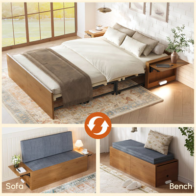 Murphy Bed with 2" Mattress and Nightstands Included, Sofa and Storage Bench Murphy Bed, 3-in-1 Convertible Bed Frame with Charging Port and Nightlight, Walnut