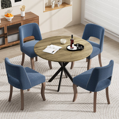 31in Round Dining Table Set with 2/4 Fabric Chairs, Rustic Brown MDF Top, Industrial Farmhouse Style for Small Spaces