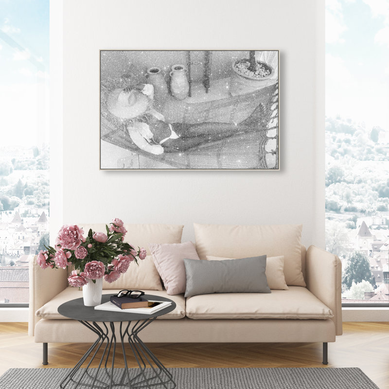 Andrea Sleeping Gray Canvas Fashion Print by Oliver Gal, 31"H x 46"W, Silver Frame