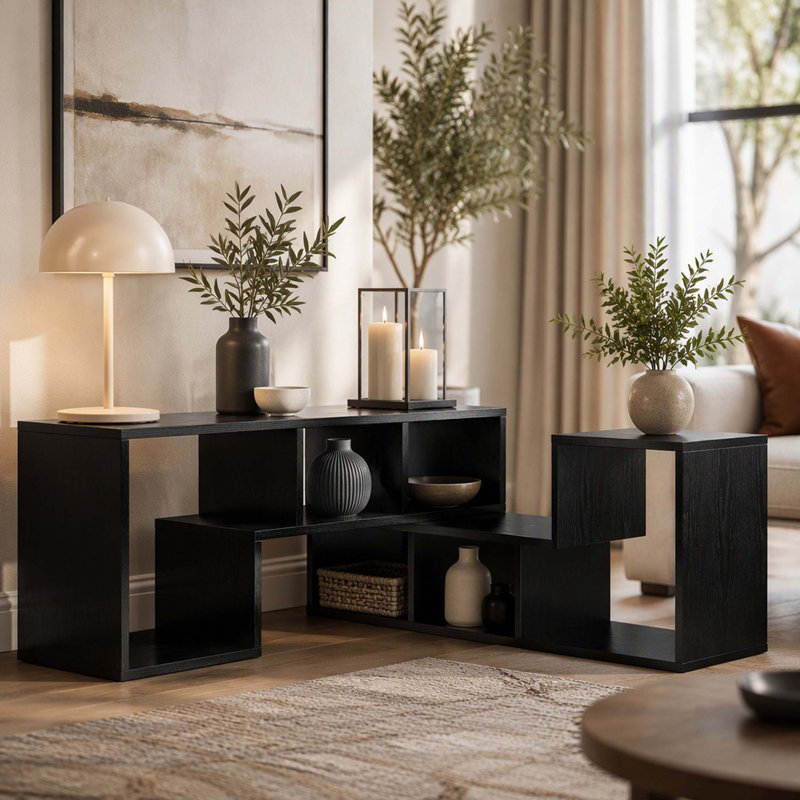 Meuble télé moderne en bois aggloméré noir, console multimédia extensible et personnalisable, centre de divertissement à combinaison libre avec tablettes de rangement ouvertes pour le salon, la chambre à coucher et le bureau