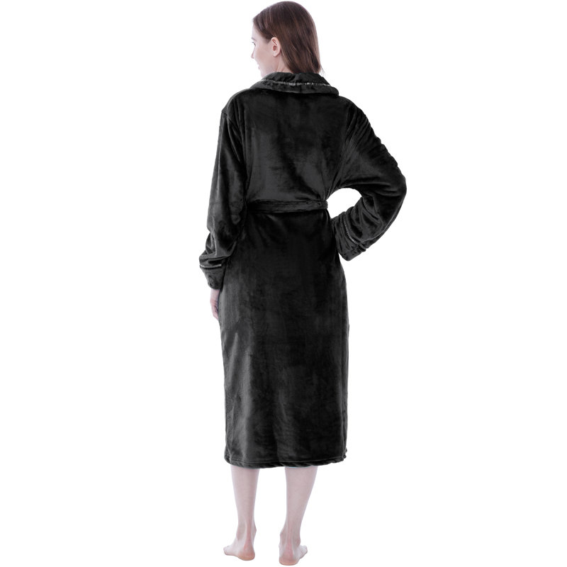 Peignoir mi-mollet en molleton avec poches, Noir, 2TG