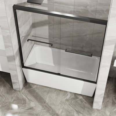 Double Sliding Bathtub Shower Door 60 In. W X 58 In. H Aluminum Framed Shower Enclosure For Tub With SGCC Clear Tempered Glass, Stainless Steel Hardware