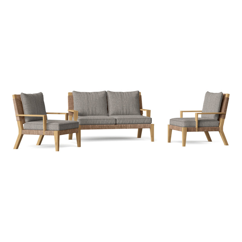 Hadley Outdoor 3 - Piece Teak Conversation Set, Perigold Linnaeus Indigo, Hadley Hemp