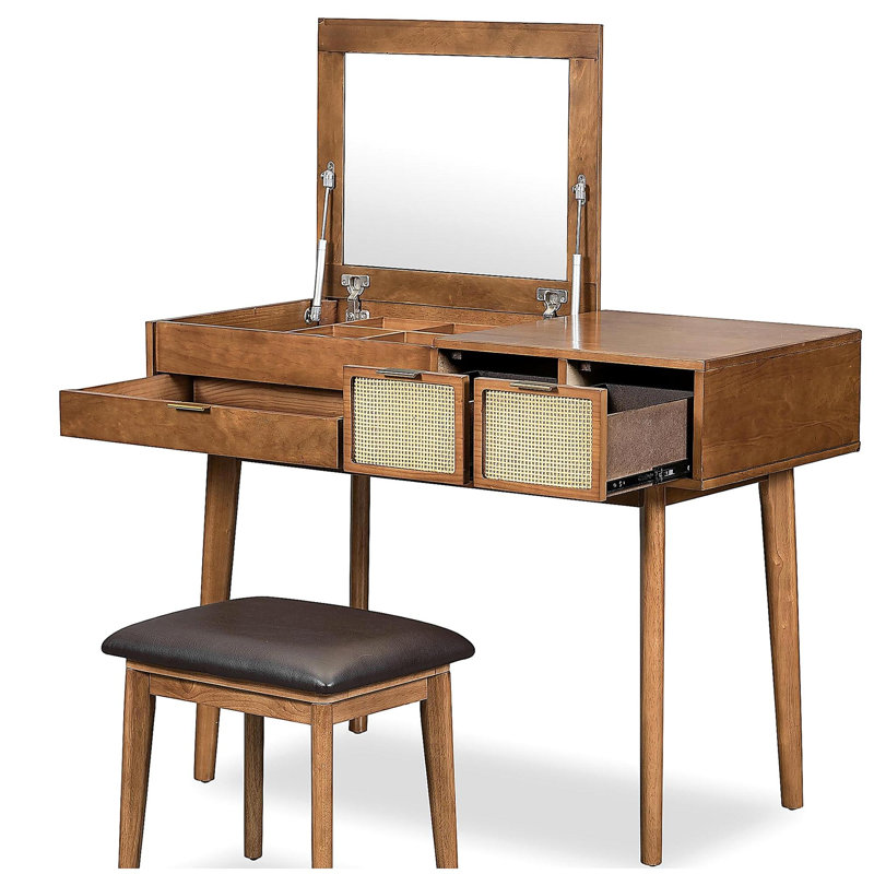 Ensemble coiffeuse classique 43,3 "avec miroir rabattable et tabouret, coiffeuse avec trois tiroirs et espace de rangement