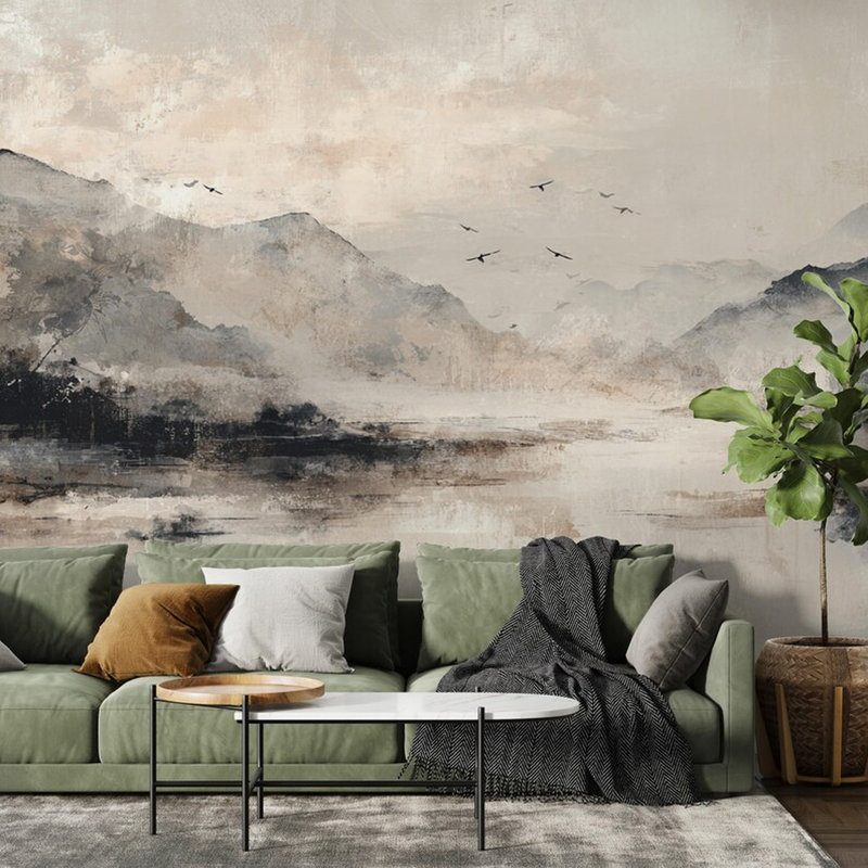 Murale abstrait paysage de montagne neutre, L 96 po x l 108 po