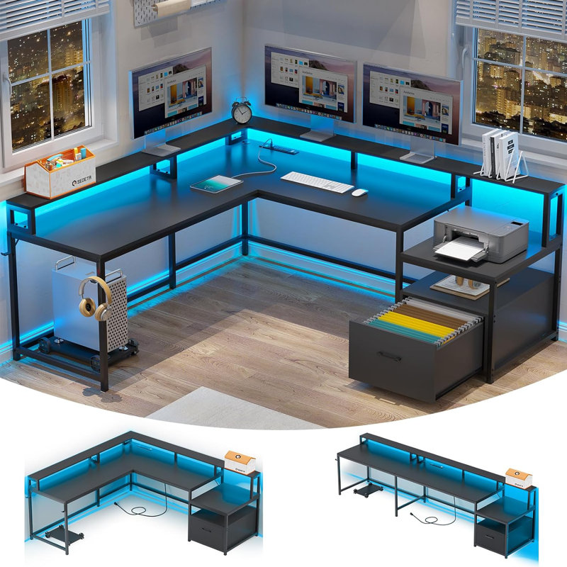 L-Shaped Computer Desk with Power Outlet, Black