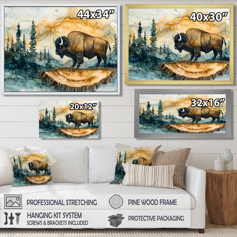 American Bison Into A Summer Landscape II - Bison Wall Art for Living Room, Single Picture Framed, Black, 12" H x 20" W